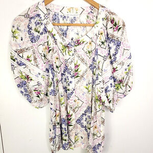 Jane Delancey Top Womens Size L Puff Sleeve Floral Patchwork Frames Colorful